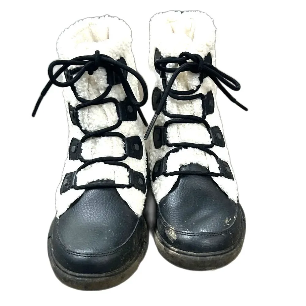 Sorel Boots Winter Womens Size 7 Shoes Cream Sherpa Black Pull-On Outdoors Snow